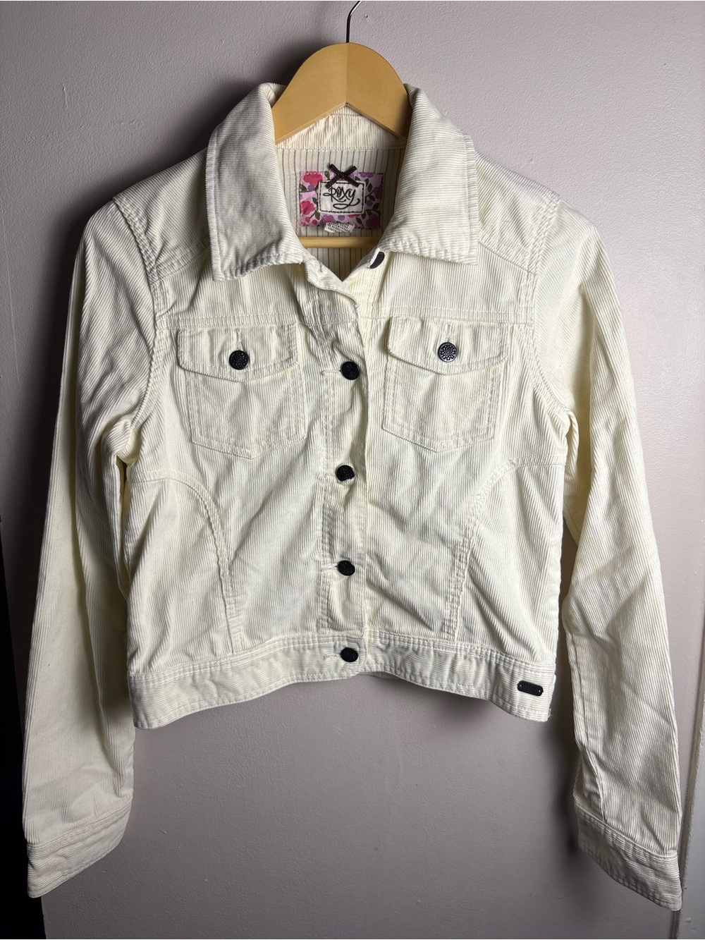 Roxy Women's Off-White Corduroy Jean Jacket with Embroidered Flowers Large